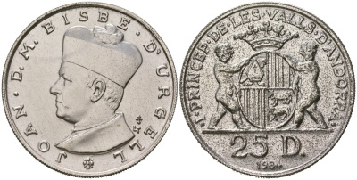 Андорра 25 динеров 1984 Жоан Марти-и-Аланис. Епископ Уржеля, тираж 4450 экз. KM 18 серебро BU 4368-121