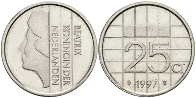 НИДЕРЛАНДЫ 25 ЦЕНТОВ 1997 БЕАТРИКС KM 204 никель 96-332
