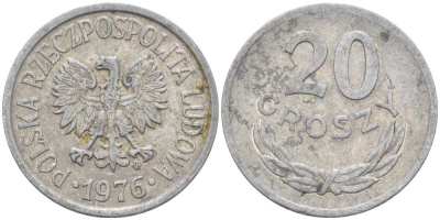 ПОЛЬША 20 ГРОШЕЙ 1976 MW KM A47, Parchimowicz 208p алюминий 99-818