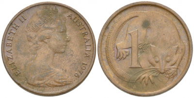АВСТРАЛИЯ 1 ЦЕНТ 1976 ЕЛИЗАВЕТА II, МОЛОДОЙ ПОРТРЕТ, ОПОССУМ КМ 62 бронза 3851-1115