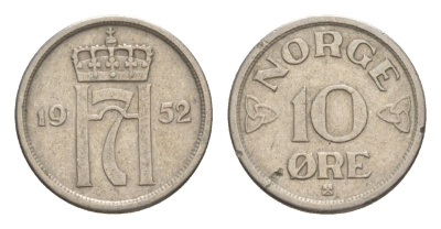 Норвегия 10 эре 1952 Хокон VII (1905-1957) KM 396 медно-никель 4632-1139