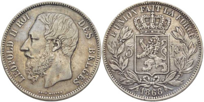 Бельгия 5 франков 1868 Леопольд II (1865-1909), ПОЗИЦИЯ А KM 24 серебро 5010-832