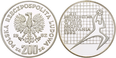 Польша 200 злотых 1982 MW, XII чемпионат мира по футболу в Испании 1982 года, тираж 21000 экземпляров, KM 130, Parchimowicz 314 серебро PROOF 1085-1-62