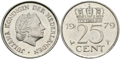 Нидерланды 25 центов 1979 Юлиана (1949-1980) KM 183 никель 96-252