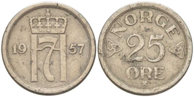 НОРВЕГИЯ 25 ЭРЕ 1957 ХАКОН VII (1905-1957) KM 401 медно-никель 211-1217