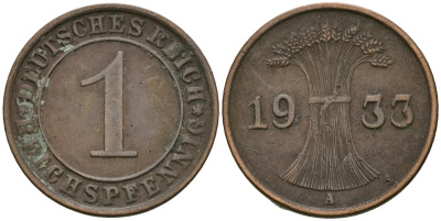 Германия 1 рейхспфенниг 1933 A KM 37, J. 313 бронза 4189-1154