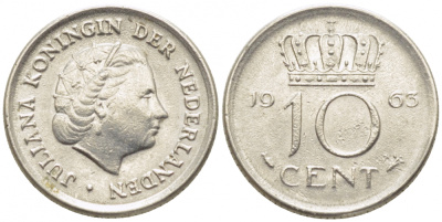 НИДЕРЛАНДЫ 10 ЦЕНТОВ 1963 ЮЛИАНА KM 182 никель 112-267