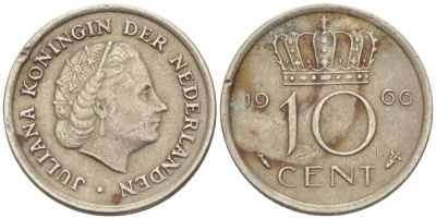 НИДЕРЛАНДЫ 10 ЦЕНТОВ 1966 ЮЛИАНА (1948-1980) KM 182 никель 214-1221