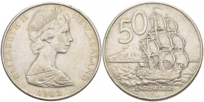 Новая Зеландия 50 центов 1982 Елизавета II (1952-2022), парусник Индевор KM 37.1 медно-никель 215-214