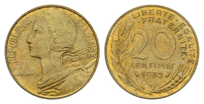 Франция 20 сантимов 1982 KM 929 алюминиевая бронза 186-211