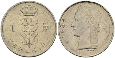 БЕЛЬГИЯ 1 ФРАНК 1959 BELGIE KM 143.1 медно-никель 4546-347