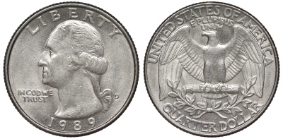 США 25 центов = квотер 1989 D, Вашингтон KM A164a медь плакированная медно-никелем 4543-321