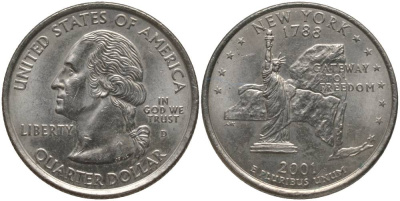 США 25 центов = квотер 2001 D, серия штаты США, Нью-Йорк KM 318 медь плакированная медно-никелем 181-124