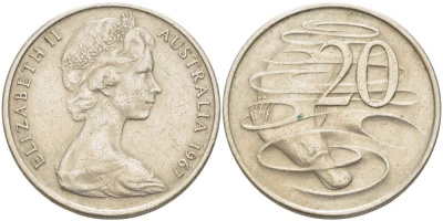 Австралия 20 центов 1967 Елизавета II (1952-2022), утконос KM 66 медно-никель 4521-115