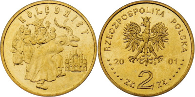 Польша 2 злотых 2001 MW, коледничи, колядки, рождество, сочельник KM 422 нордик UNC 4526-134
