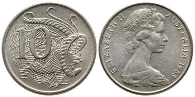 Австралия 10 центов 1983 Елизавета II (1952-), птица лирахвост KM 65 медно-никель 84-715