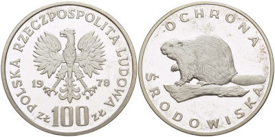Польша 100 злотых 1978 MW, серия охрана окружающей среды, бобер KM 96, Parchimowicz 283 серебро PROOF 1085-1-21