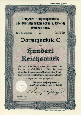 Германия 100 рейхсмарок 1931 Художественные фабрики Вюрцена и бисквитные фабрики, в частности, им. Ф. Критча, им. Вюрцена и др., фиолетовая, акция   бумага   8801-38-1