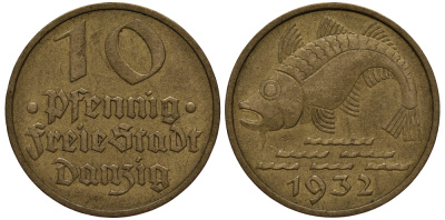 Данциг 10 пфеннигов 1932 рыба J. D 13, KM 152 алюминиевая бронза 113-316