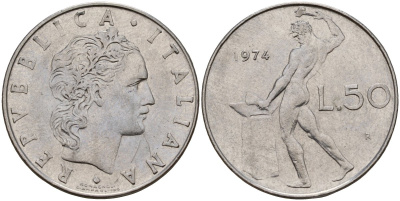 Италия 50 лир 1974 R, бог Вулкан у наковальни KM 95.1 нержавеющая сталь 4156-733