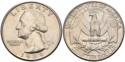 США 25 центов = квотер 1989 D, Вашингтон KM A164a медь плакированная медно-никелем 4584-1252