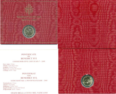 ВАТИКАН 2 ЕВРО 2008 ГОД СВЯТОГО ПАВЛА, В ОРИГИНАЛЬНОМ БУКЛЕТЕ KM 404 биметалл BUNC 7-1-24
