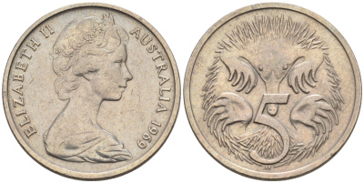 АВСТРАЛИЯ 5 ЦЕНТОВ 1969 ЕЛИЗАВЕТА II, МОЛОДОЙ ПОРТРЕТ, ЕХИДНА KM 64 медно-никель UNC 4564-1152