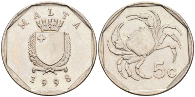 Мальта 5 центов 1995 краб KM 95 медно-никель 4588-141