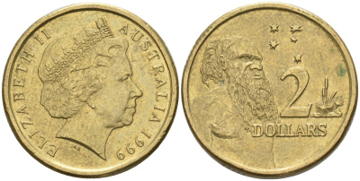 Австралия 2 доллара 1999 абориген, Елизавета II (1953-) KM 406 алюминиевая бронза 4126-1245