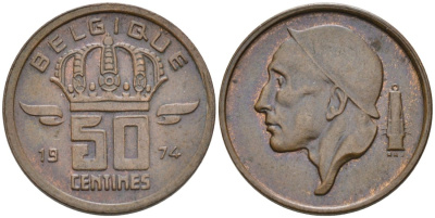 БЕЛЬГИЯ 50 САНТИМОВ 1974 BELGIQUE KM 148 бронза 4564-933