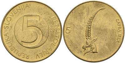 Словения 5 толаров 1992 ибекс, альпийский горный козёл KM 6 латунь 4556-1243
