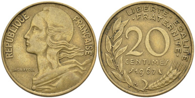 ФРАНЦИЯ 20 САНТИМОВ 1967 ТИП MARIANNE KM 930, LE FRANC 156.7 медь алюминий никель 4573-1037