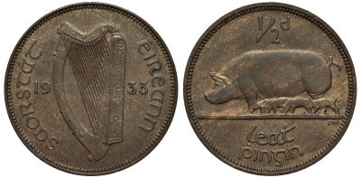 Ирландия 1/2 пенни 1933 свинья с поросятами KM 2 бронза aUNC 441-135