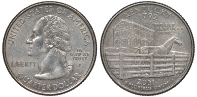 США 25 центов = квотер 2001 Р, серия штаты США, Кентукки KM 322 медь плакированная медно-никелем 4539-243