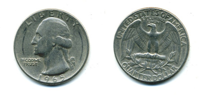 США 25 центов (квотер) 1965 Вашингтон KM 164а медь плакированная медно-никелем 46-1457