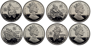 Остров Мэн 1 крона 1997 90 лет мотогонкам, коллекция из четырех монет КМ 782, 784, 786, 788 медно-никель UNC M94-08