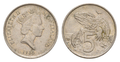Новая Зеландия 5 центов 1988 Елизавета II (1952-2022), ящерица гаттерия KM 60 медно-никель 4594-412