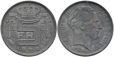 Бельгия 5 франков 1945 Belges, Леопольд III (1934-1947), германская оккупация KM 129.1 цинк 94-113