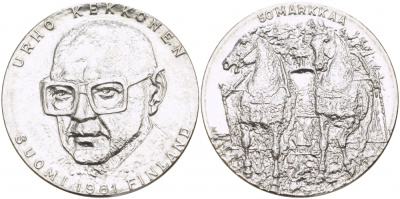 Финляндия 50 марок 1981 К, 80 лет президенту Кекконену KM 59 серебро UNC 1515-1324