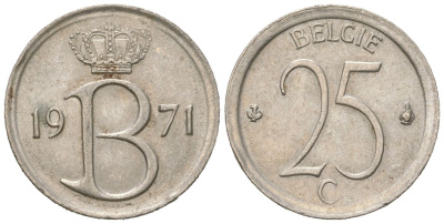 Бельгия 25 сантимов 1971 Belgie, Бодуэн I (1951-1993) KM 154.1 медно-никель UNC 261-1664