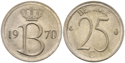 Бельгия 25 сантимов 1970 BELGIQUE, монетный тип KM 153.1 медно-никель 4594-556