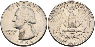 США 25 центов = квотер 1986 D, Вашингтон KM A164a медь плакированная медно-никелем 4584-1227