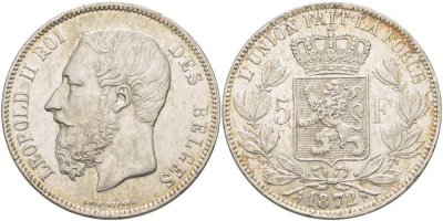 Бельгия 5 франков 1872 Леопольд II (1865-1909) KM 24 серебро 4184-623