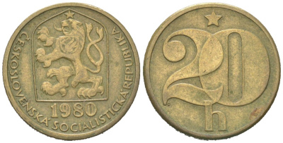 Чехословакия 20 геллеров 1980 KM 74 латунь 192-567