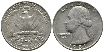 США 25 ЦЕНТОВ = КВОТЕР 1981 Р, ВАШИНГТОН KM А164а медь плакированная медно-никелем 4364-2225