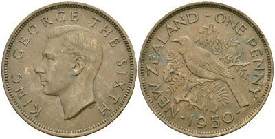 Новая Зеландия 1 пенни 1950 Георг VI (1936-1952), новозеландский туи KM 21 бронза 4536-244
