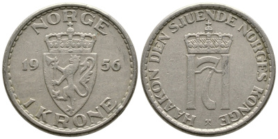 Норвегия 1 крона 1956 Хокон VII (1905-1957) KM 397 медно-никель 91-512