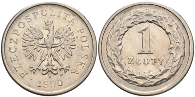Польша 1 злотый 1990 MW KM 282, Parchimowicz 707a медно-никель 4388-725