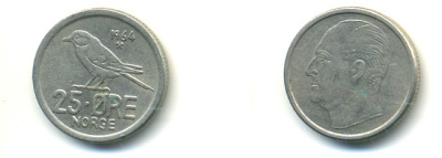 Норвегия 25 эре 1964 Улаф V (1958-1991), синица KM 407 медно-никель 80-857