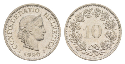 Швейцария 10 раппенов 1990 B KM 27 медно-никель 4625-823
